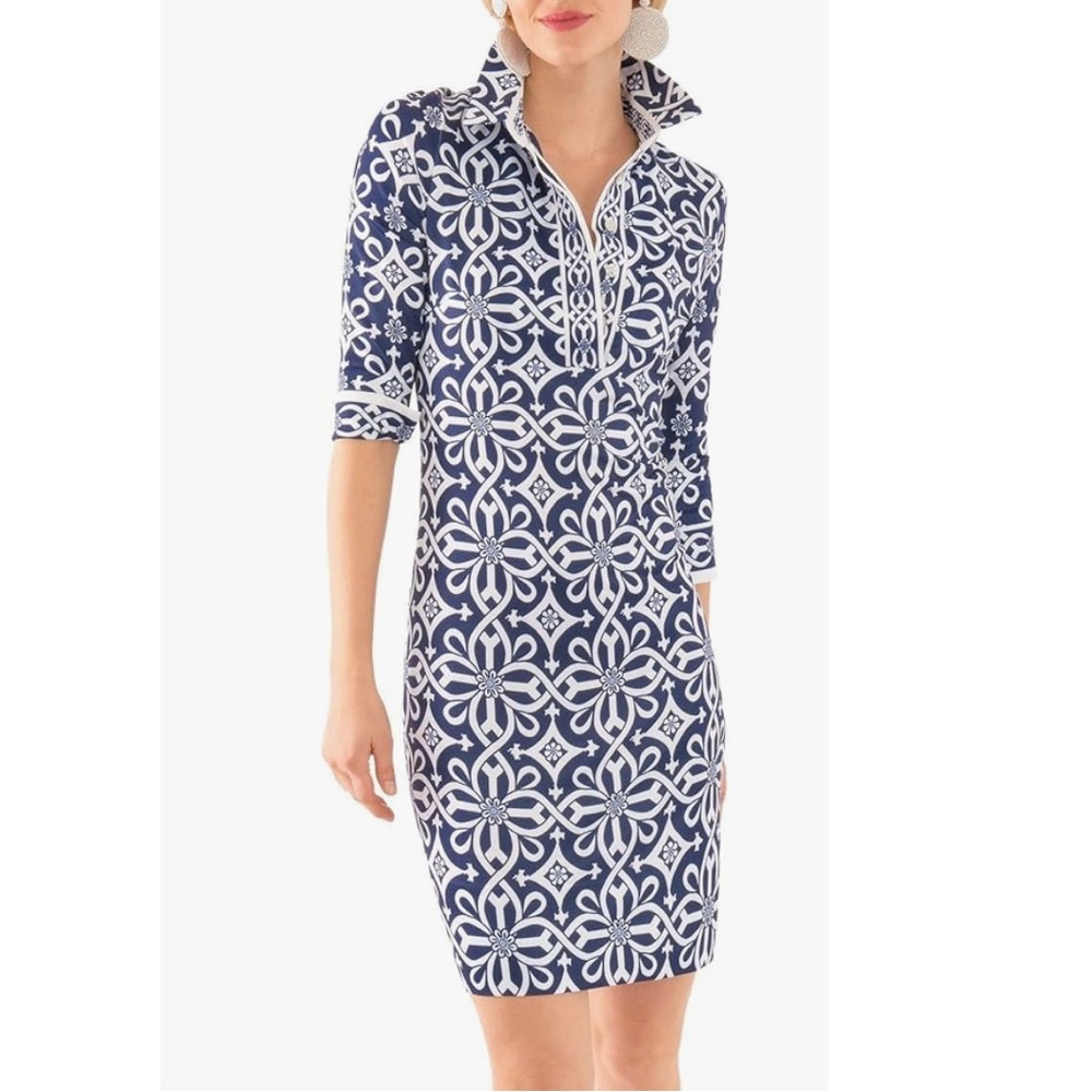 Gretchen Scott Everywhere Mini Dress in Piazza Geometric Navy Pattern Small